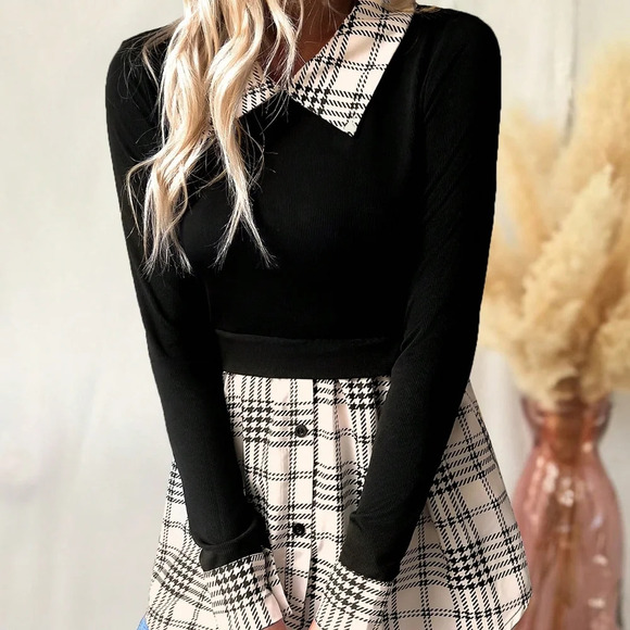 Plaid Print Contrast Collar 2 In 1 Tee - Picture 3 of 5